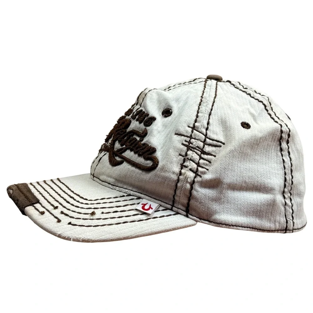 True‎ Religion Buddha Y2K Cream Hip Hop Contrast Stitch A-Flex Distressed Hat OS